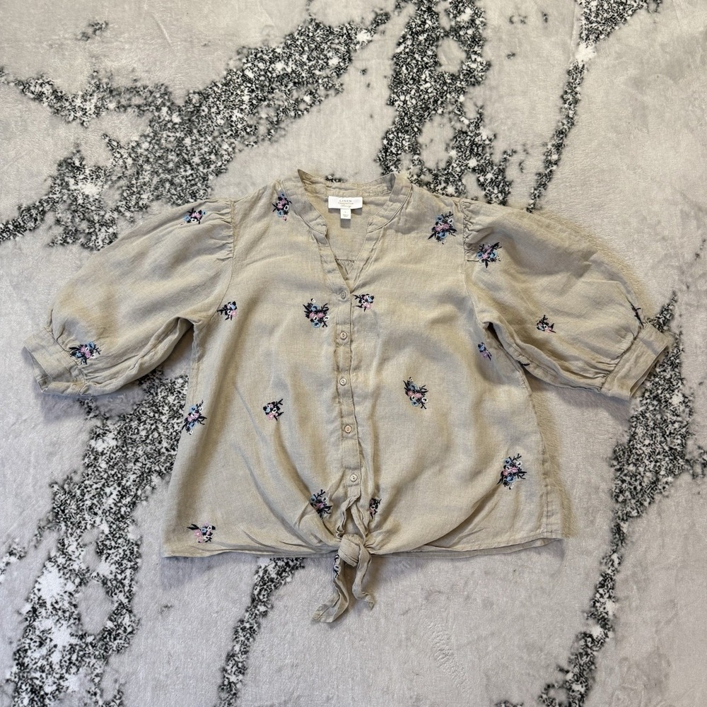 Charter Club Blouse Womens Size L Khaki Floral Embroidered Linen Balloon Sleeve